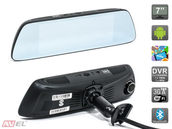 Зеркало заднего вида AVS0399DVR с сенсорным монитором 7”, двухканальным видеорегистратором и навигатором на ОС Android
